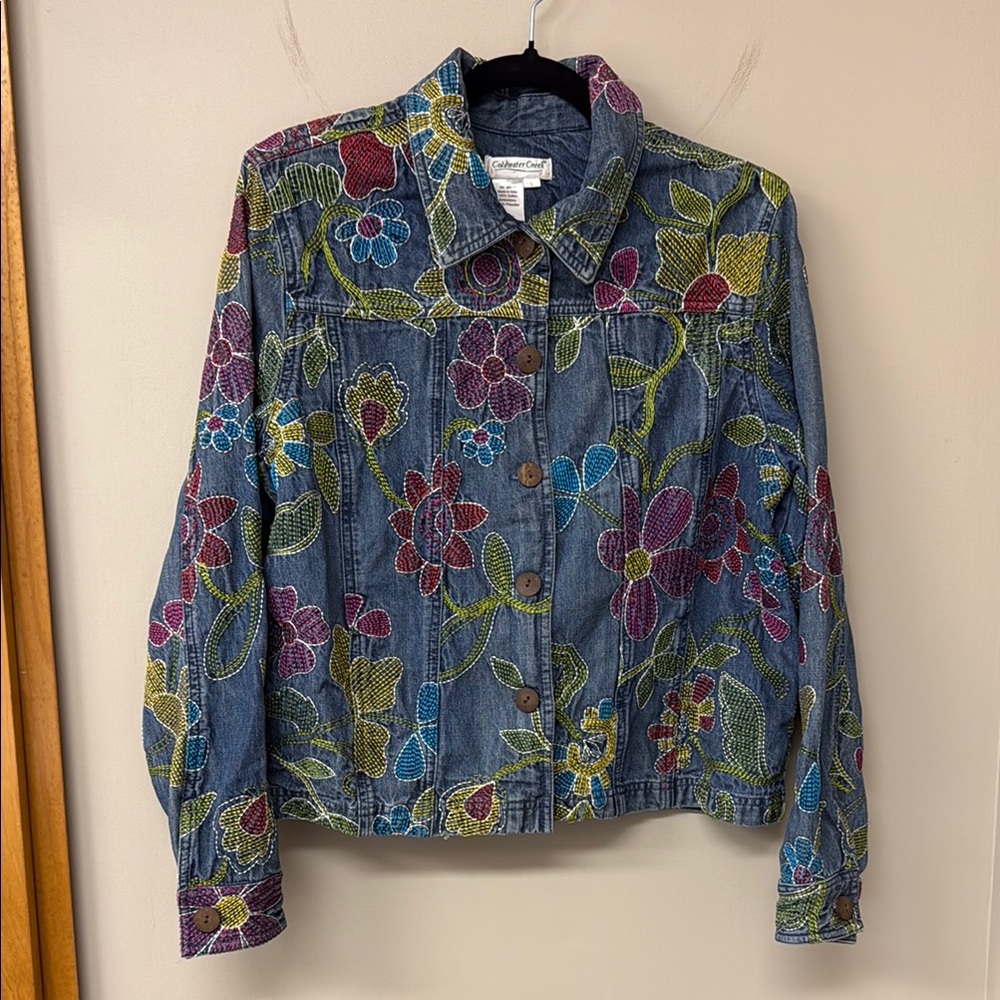 Coldwater Creek Embroidered Colorful Floral Jean Jacket Flowers | SZ Large | GUC